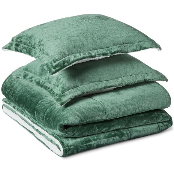 Brand New Green 3 Piece DQ Reversible Micromink Sherpa Comforter Set - Picture 1 of 4